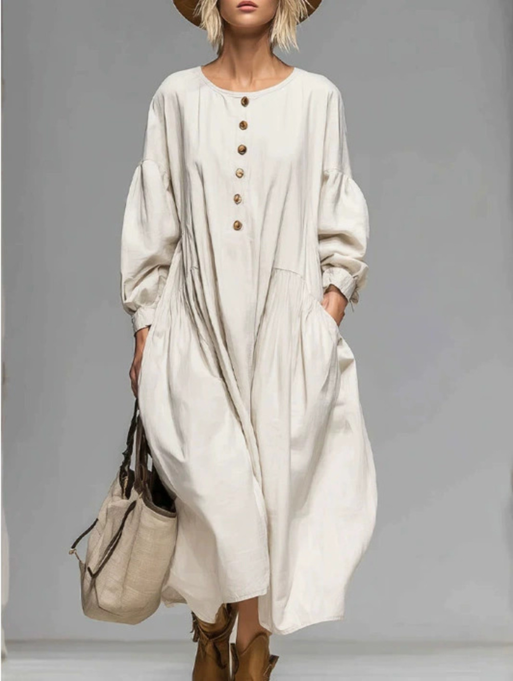 H&M Women's Cotton Loose Long Sleeve Button Front Midi Dress with Pockets